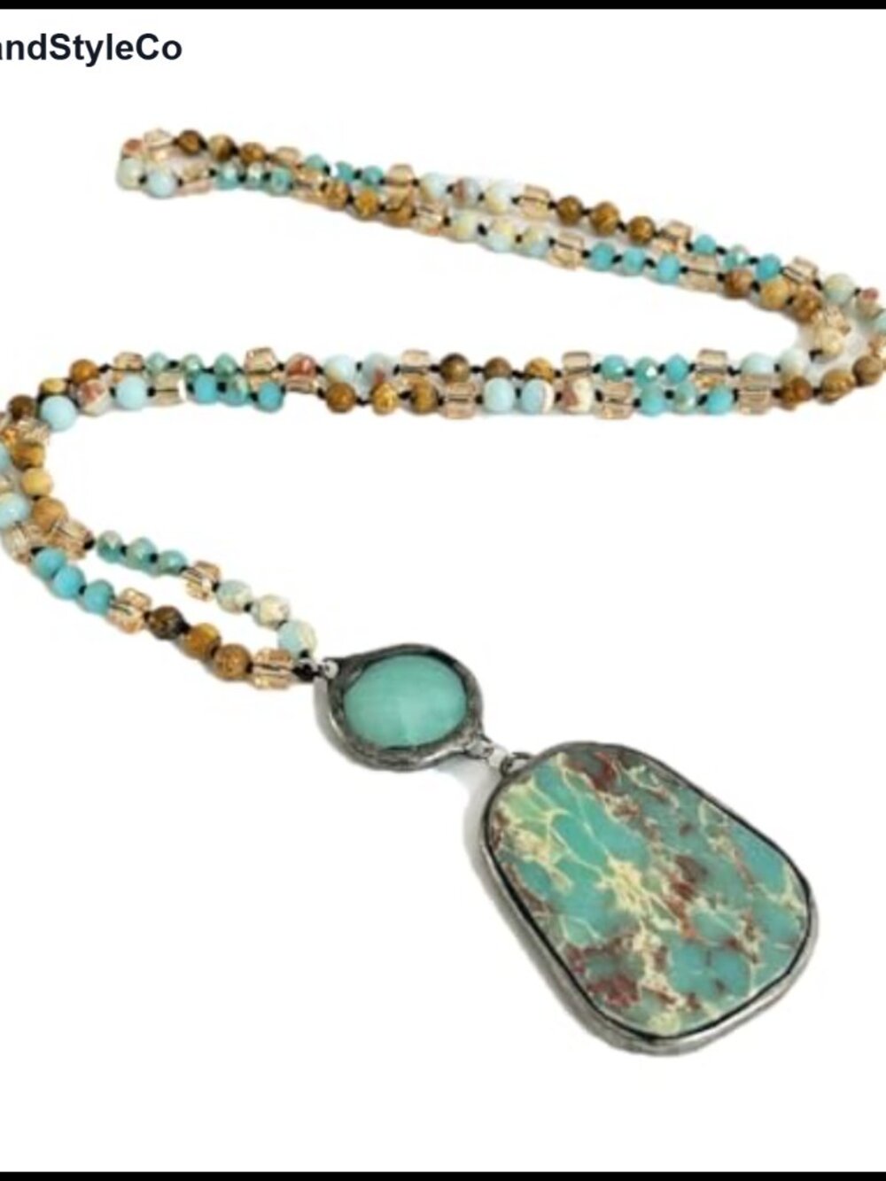 Boho Long Natural Stone Beads Hand Knotted Pendant Necklace for Women